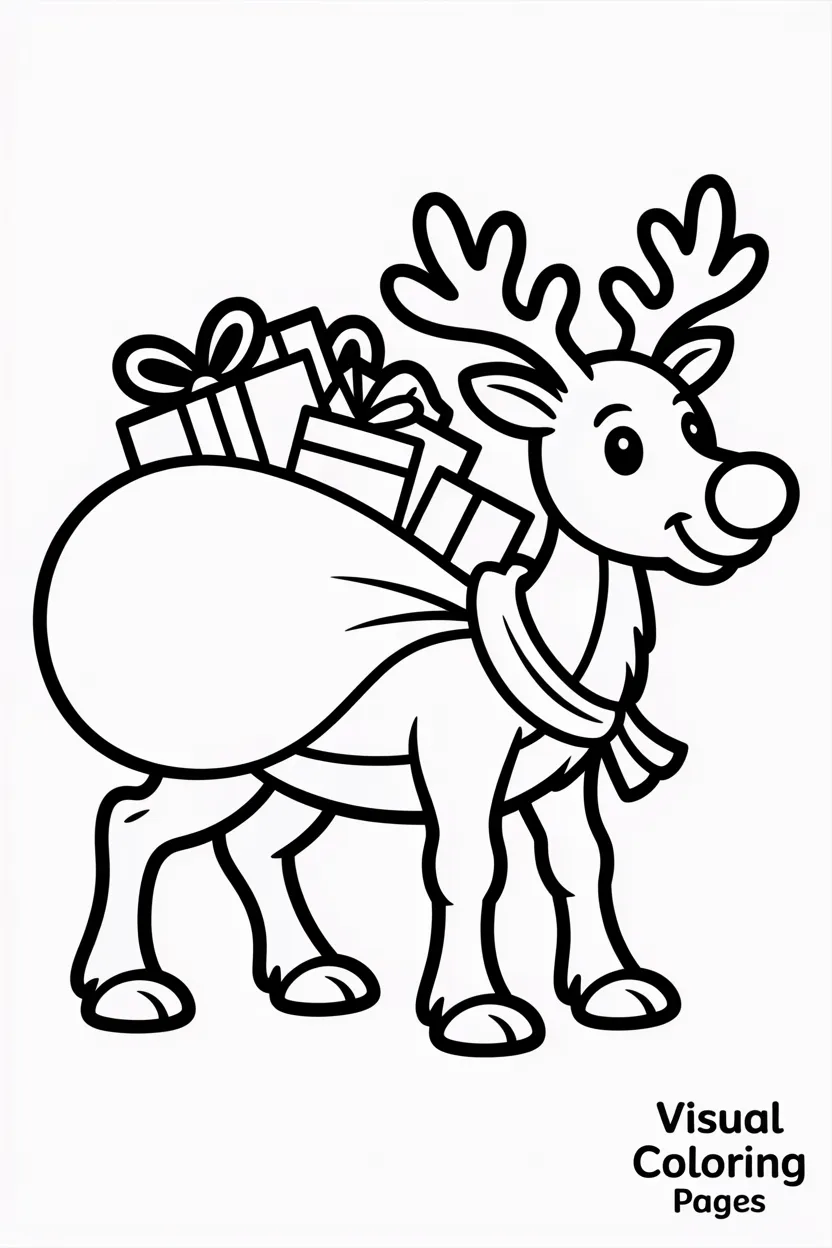 reindeer carrying a sack full of presents on its back