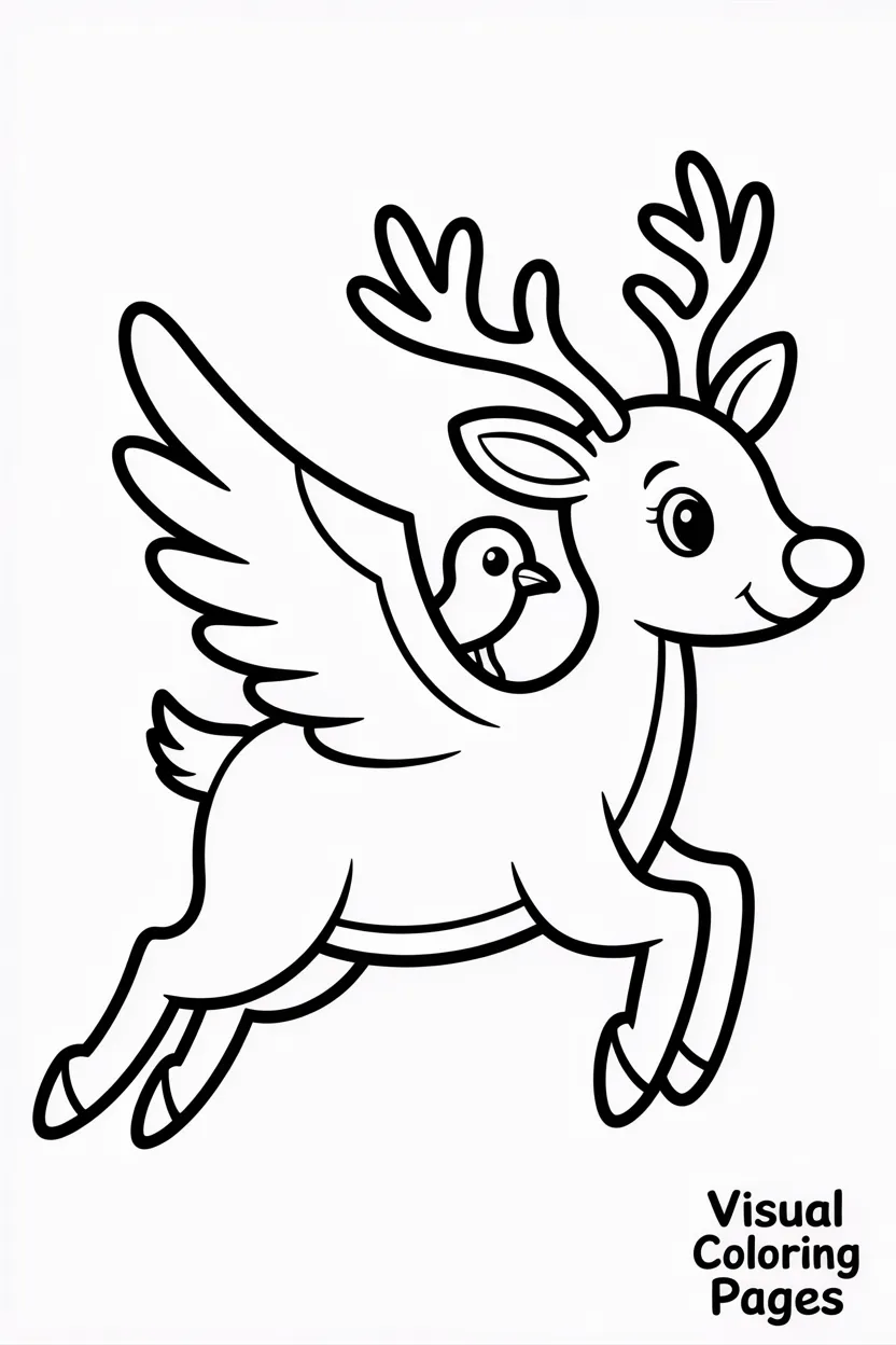 reindeer flying with a bird on its back