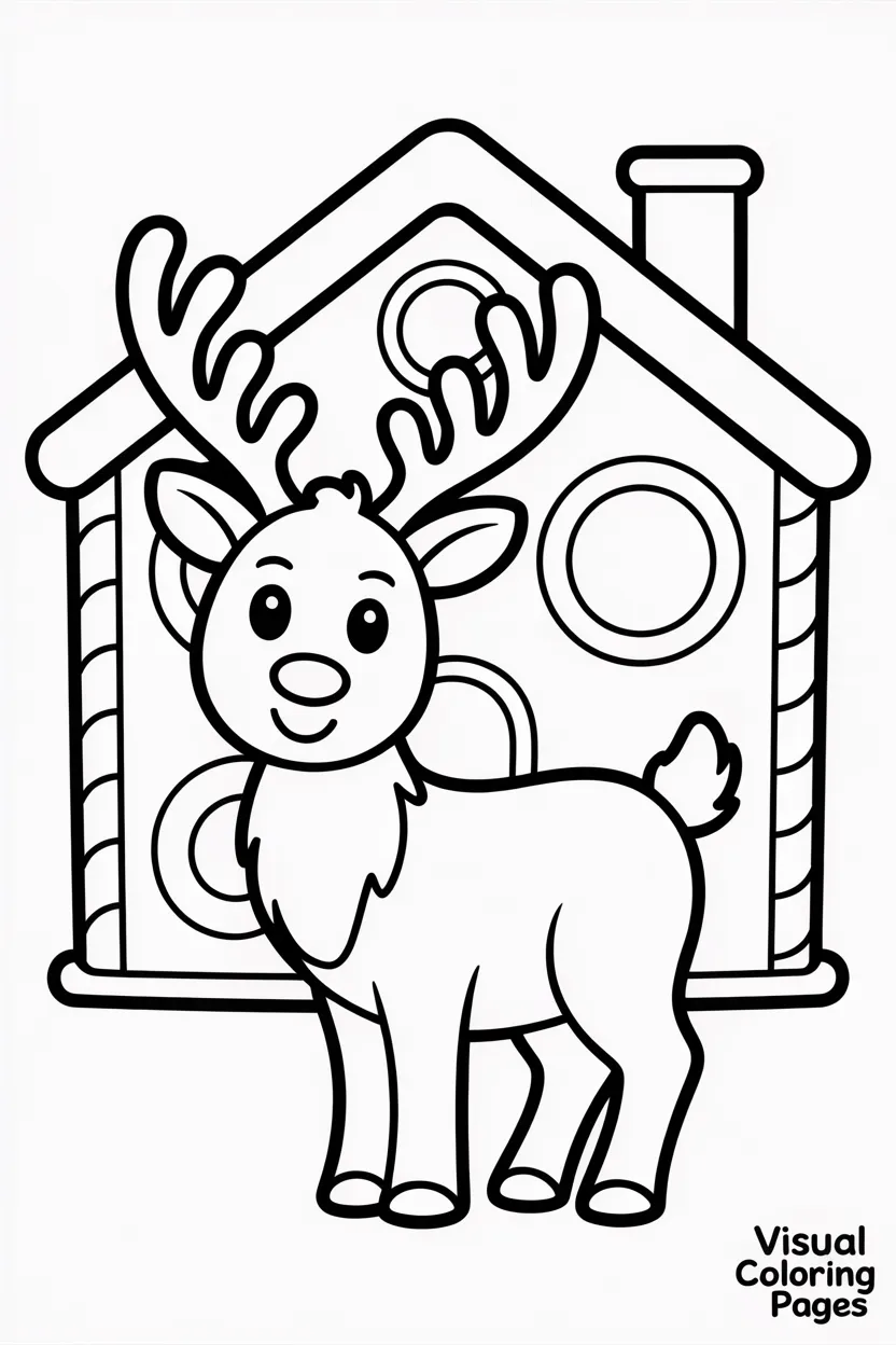 reindeer in front of gingerbread house