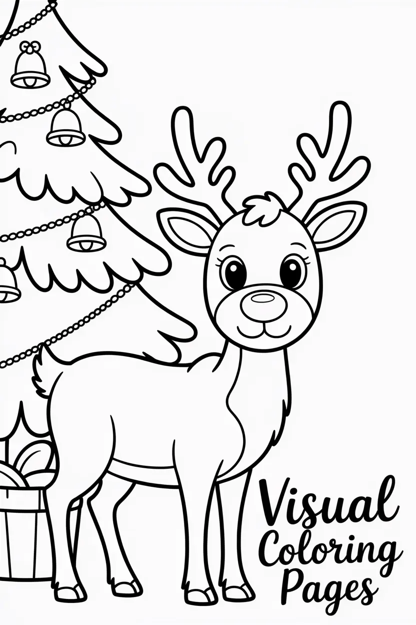 reindeer standing next to a christmas tree decorated with bells