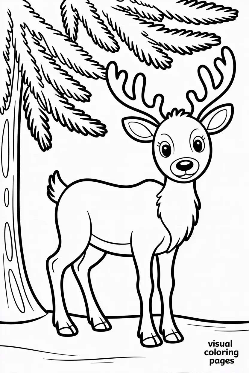 reindeer standing under decorated pine tree