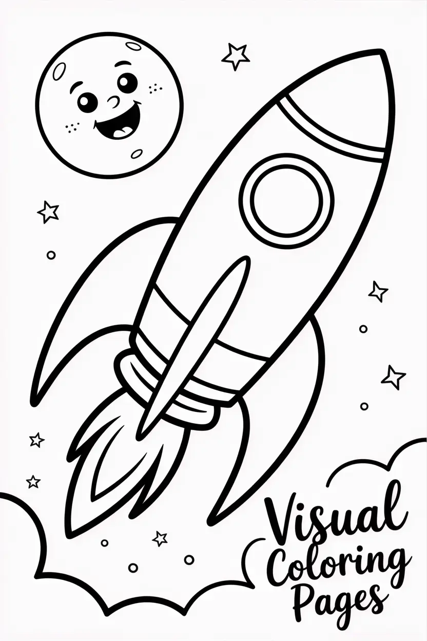rocket blasting off at night with a smiling moon above