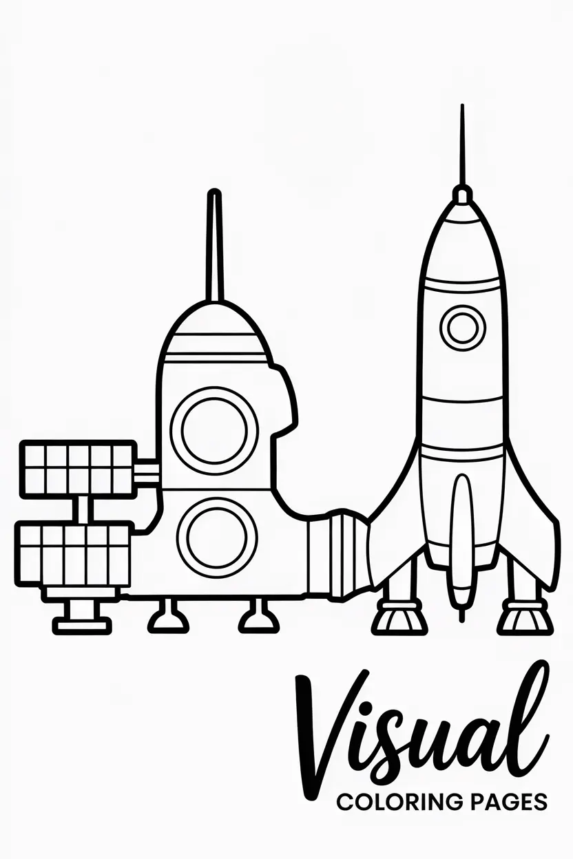 rocket docked at a cartoon space station
