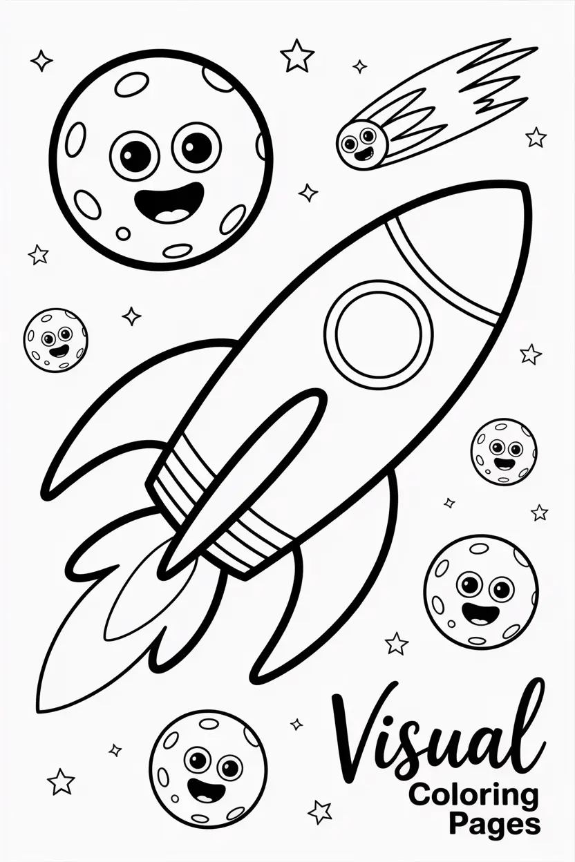 rocket flying past smiling comets and asteroids