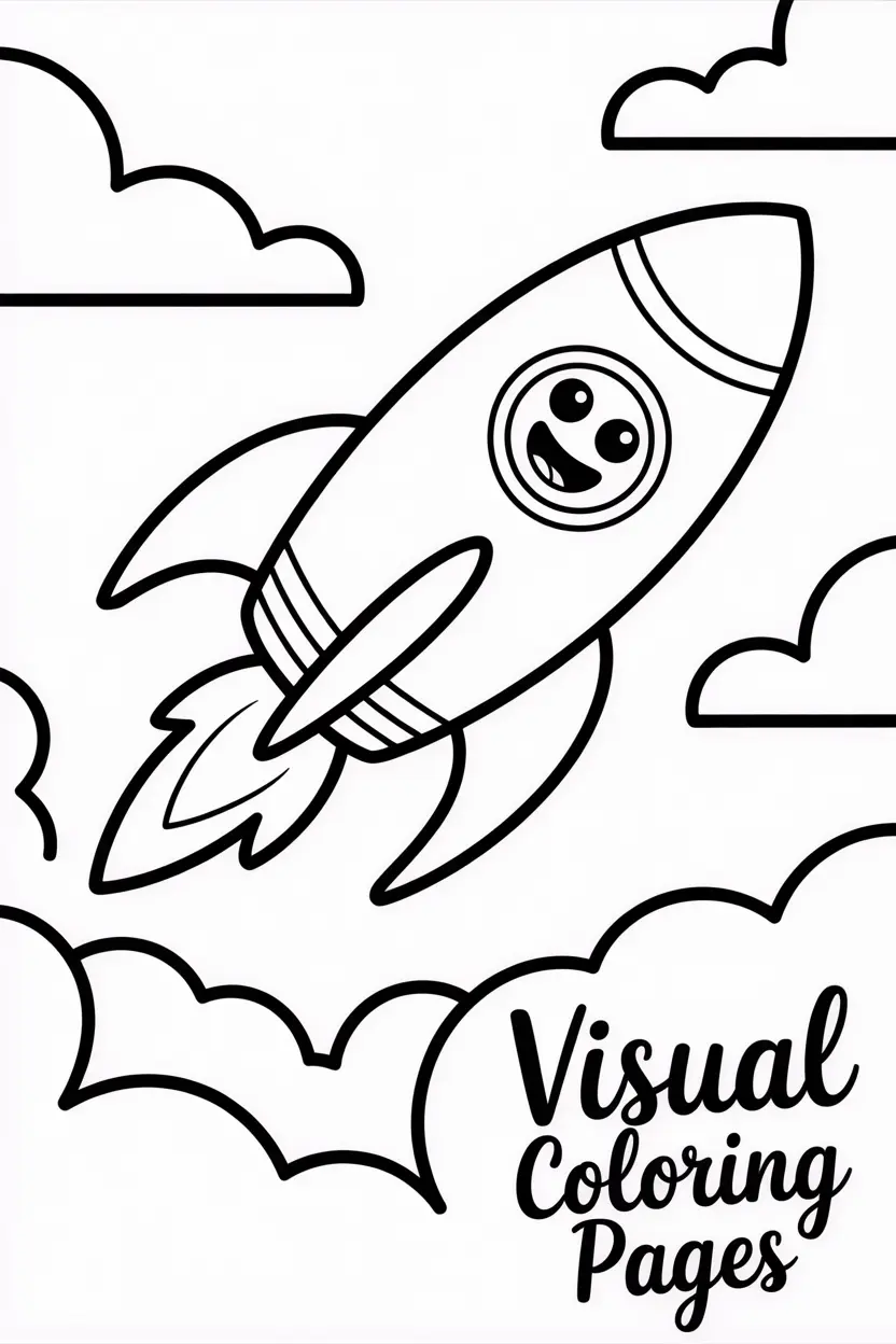 rocket flying through fluffy clouds with a happy face