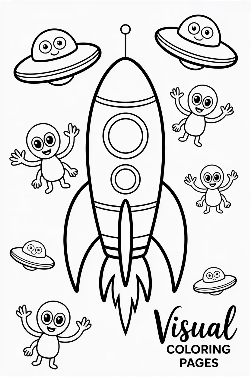 rocket surrounded by friendly alien ufos waving
