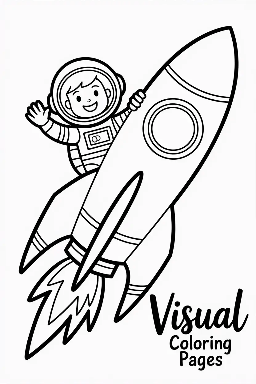 rocket with astronaut waving outside in space suit