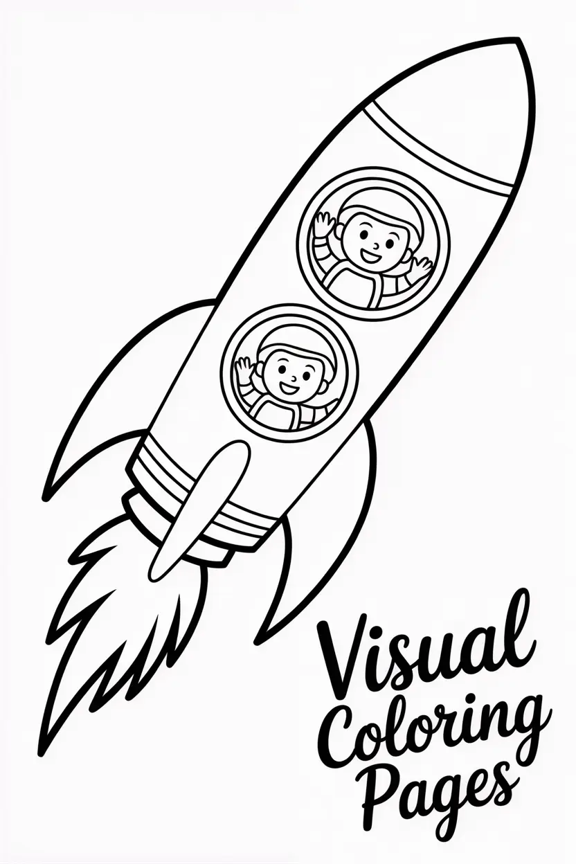 rocket with smiling astronauts waving from the windows