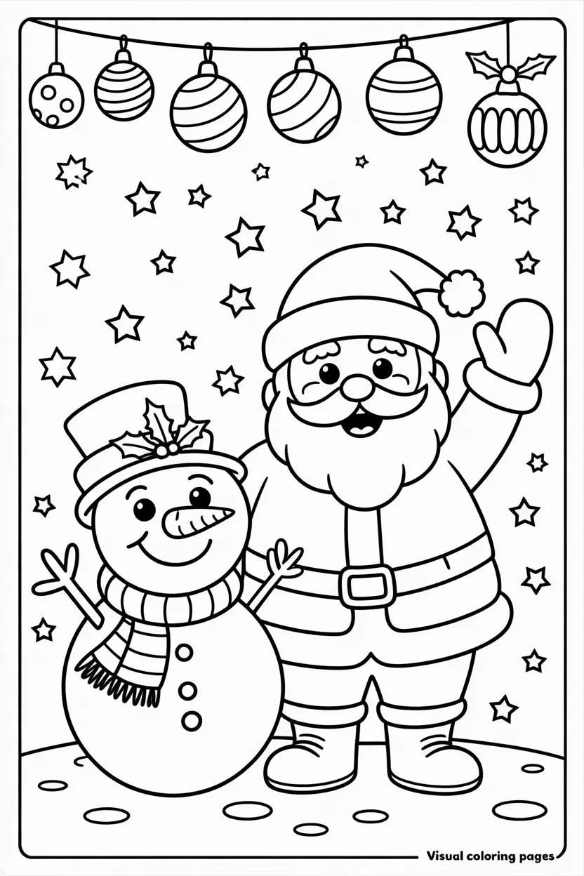 santa and snowman to color with ornaments and presents