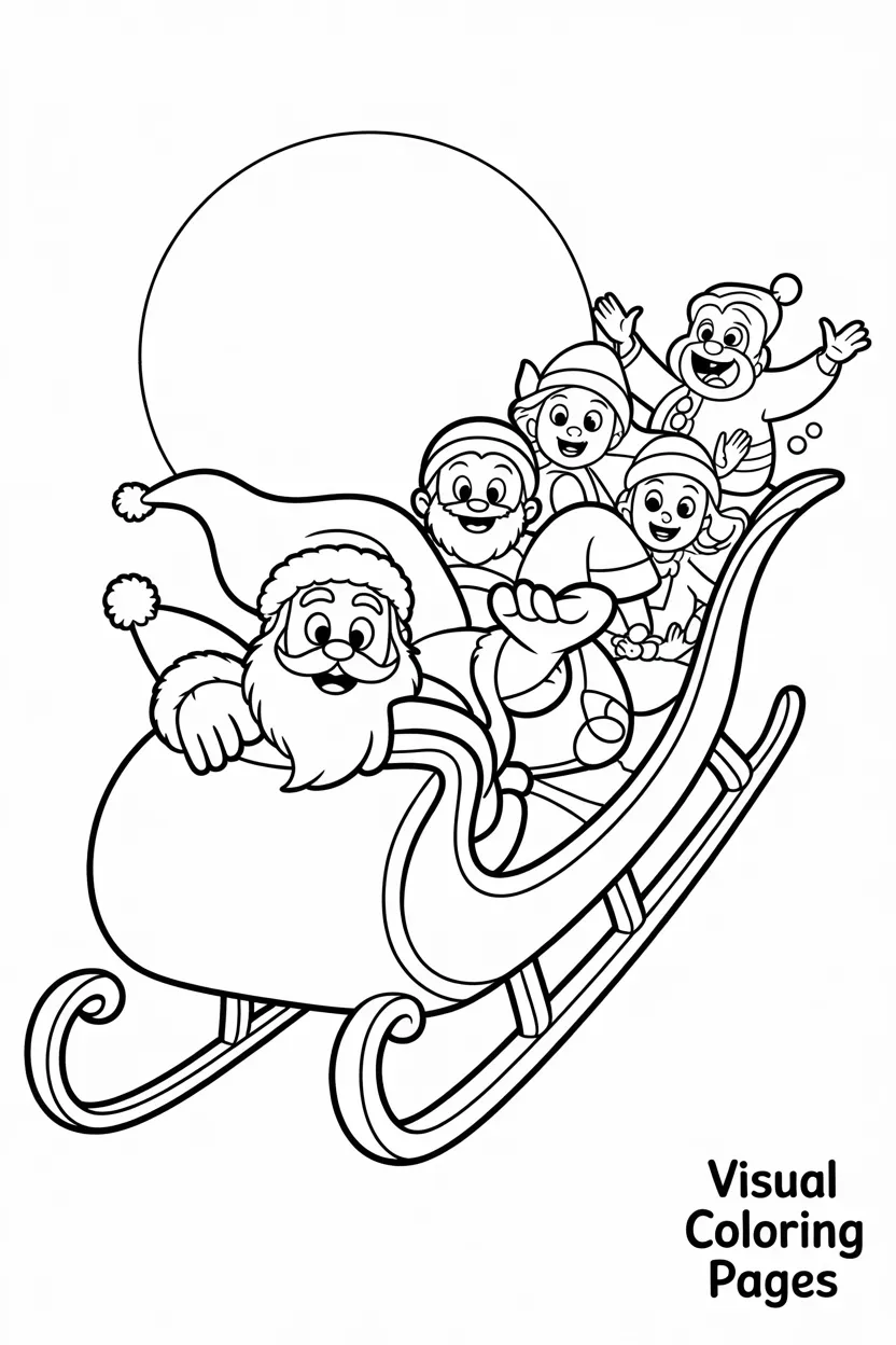 santa claus riding his sleigh with disney characters across the moonlit sky