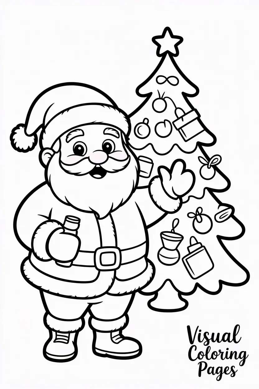 santa claus standing next to a christmas tree full of toys