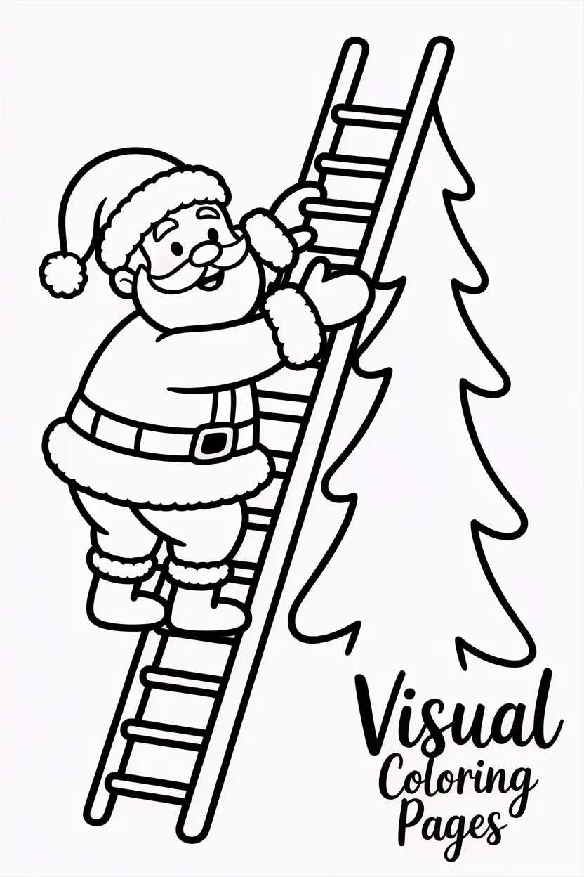santa climbing a ladder to decorate a tall tree