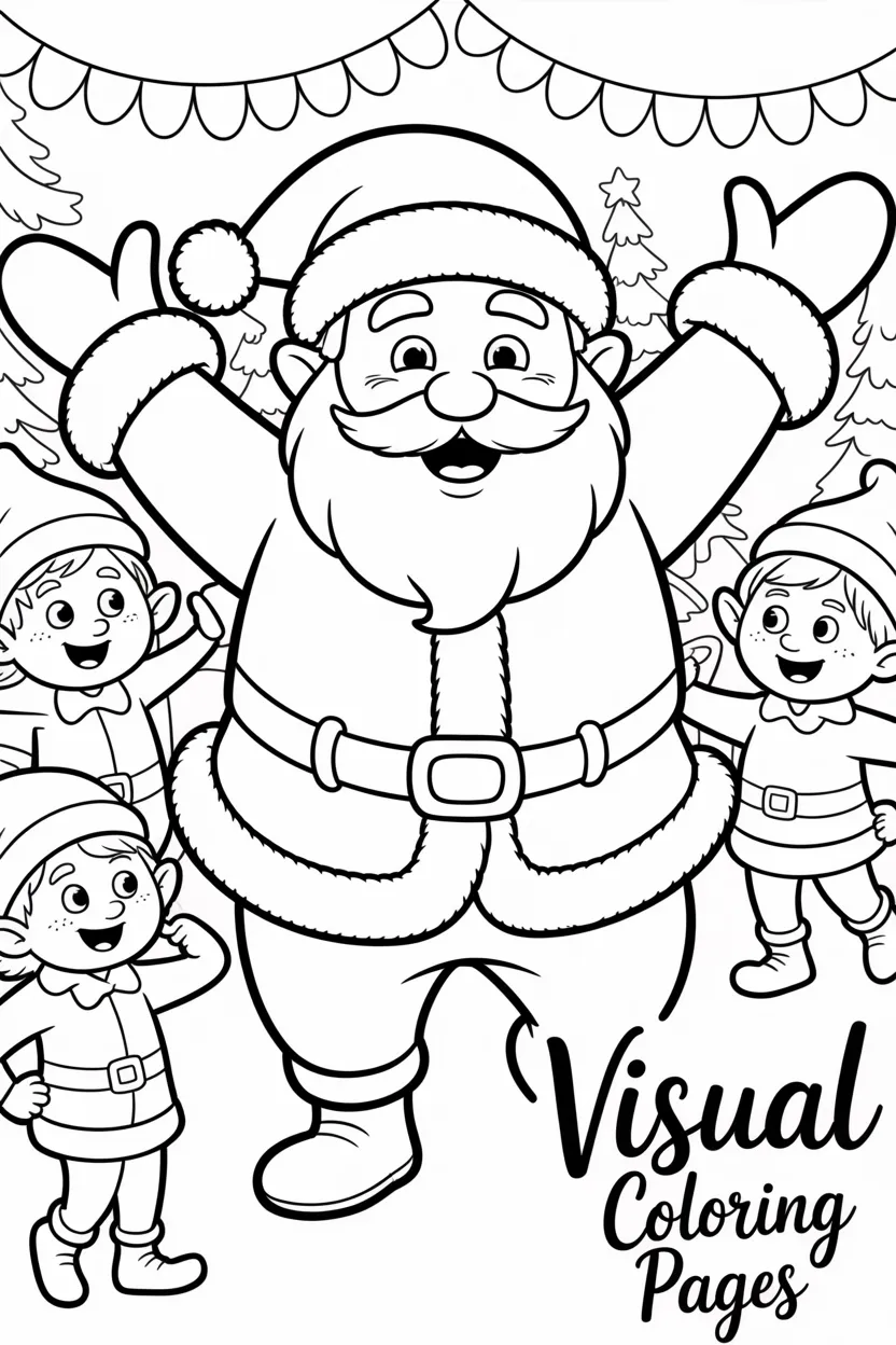 santa dancing with elves at a christmas party