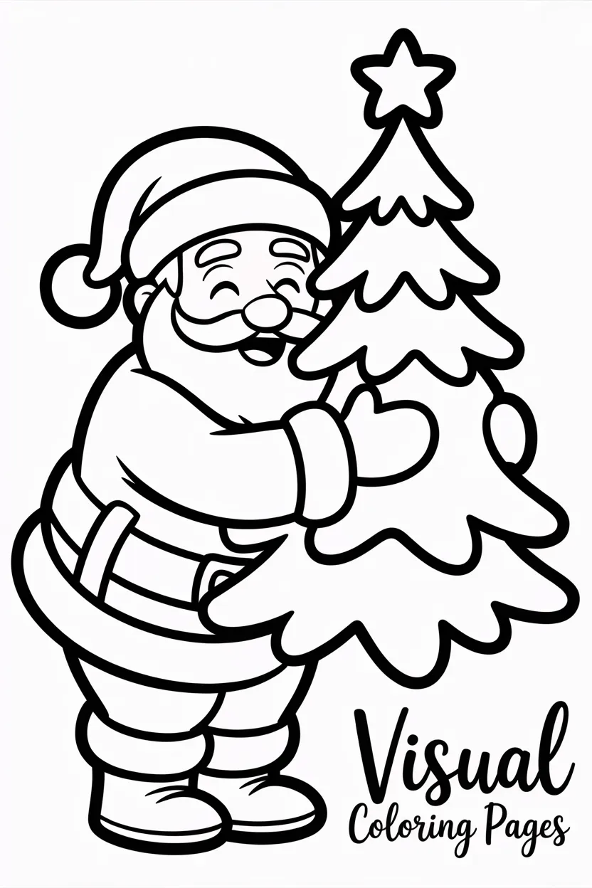 santa hugging a christmas tree