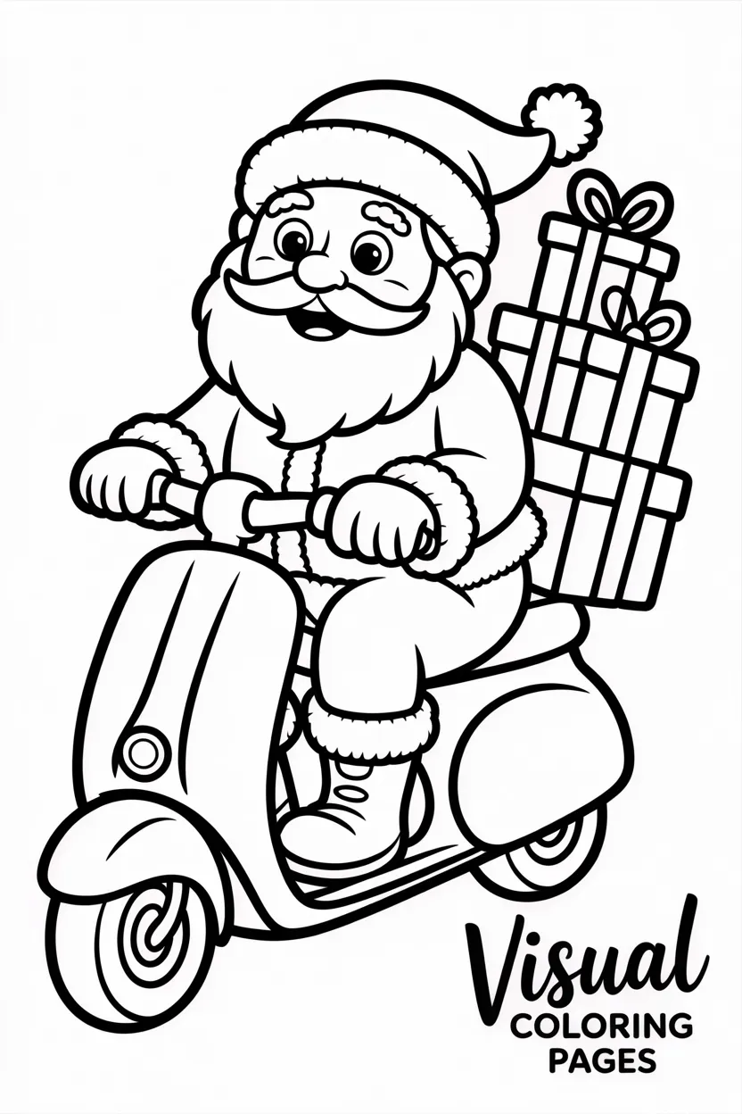 santa riding a scooter full of presents