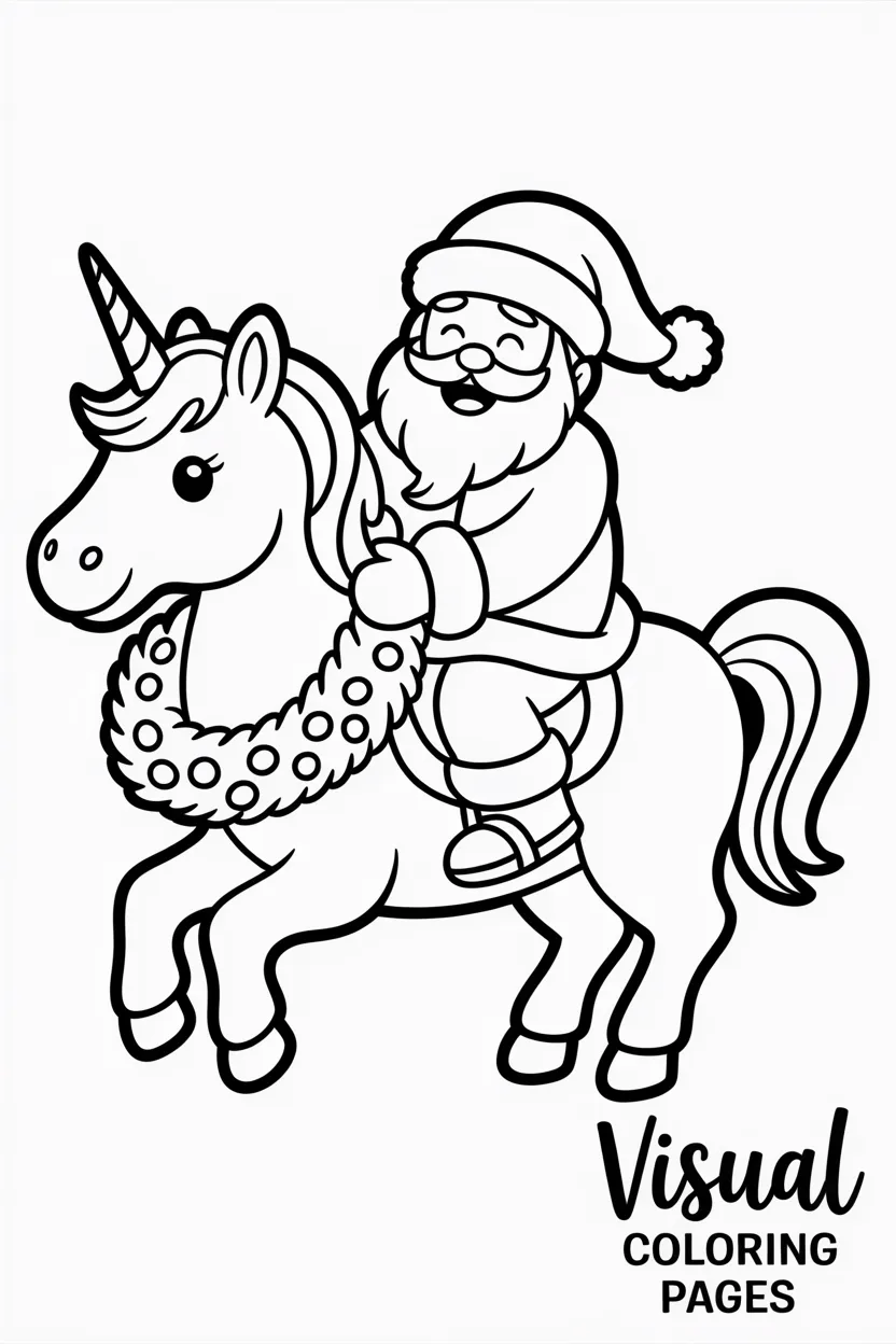 santa riding a unicorn with a christmas wreath around its neck