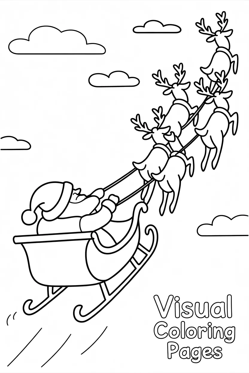 santa riding his sleigh with reindeer flying in the sky