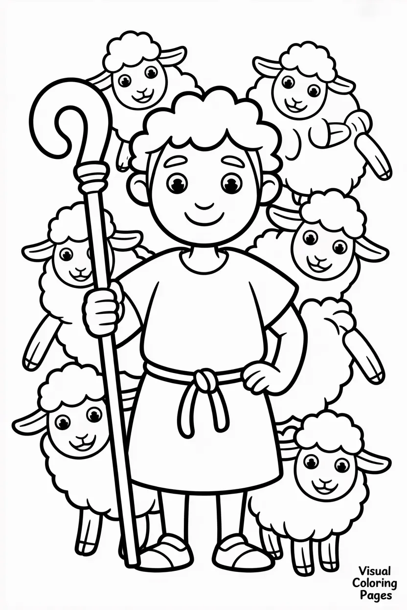 shepherd holding a staff with fluffy sheep around him