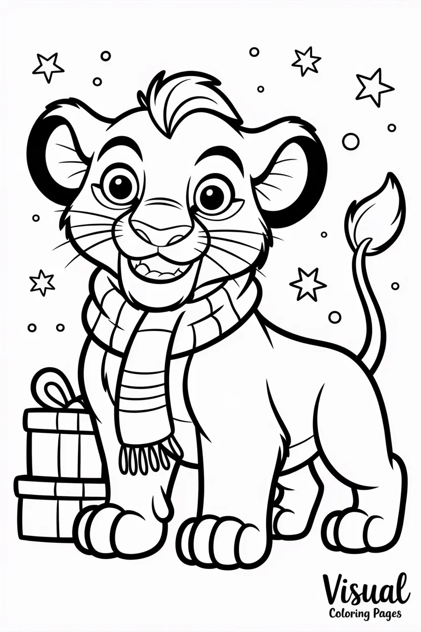 simba from the lion king wearing a christmas scarf under a starry sky with gifts