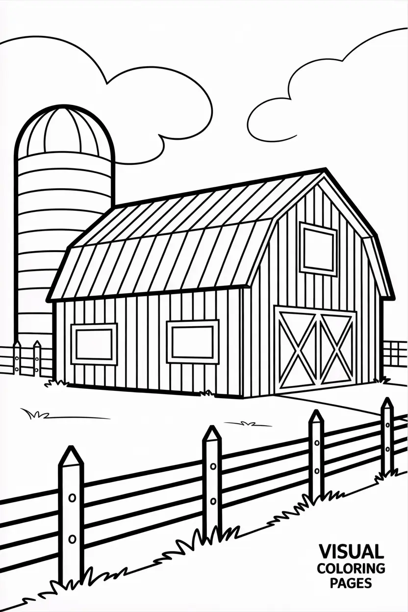 simple farm barn with a silo and a fence
