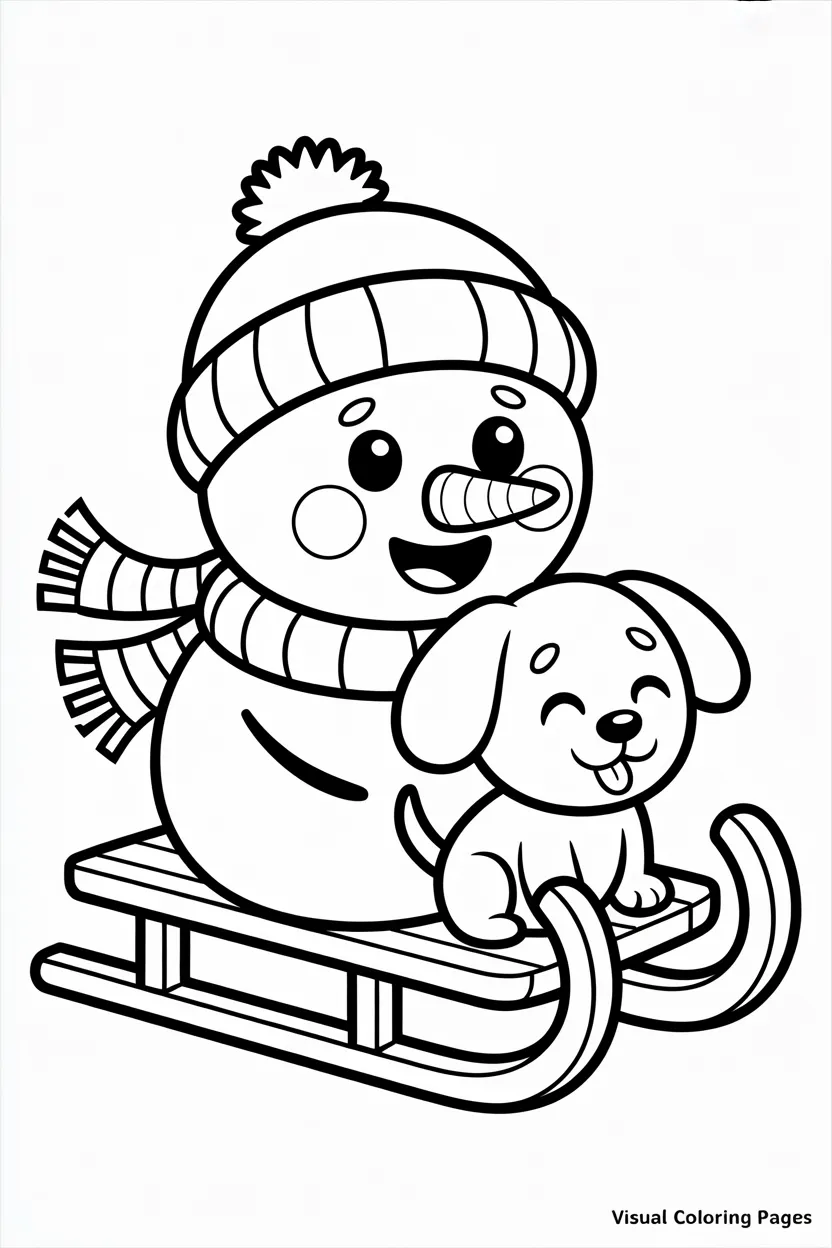 simple snowman and dog snuggling on a wooden sled coloring page for preschoolers