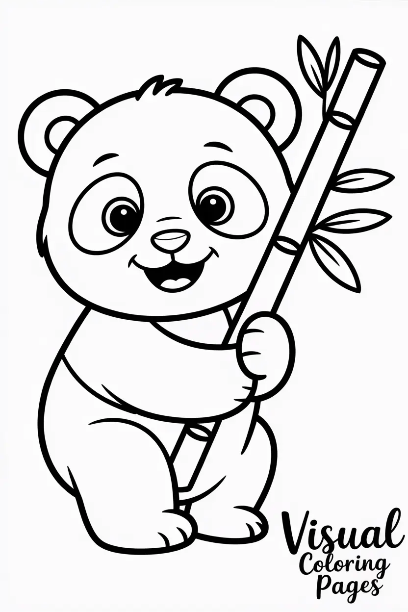 smiling baby panda hugging a bamboo stick