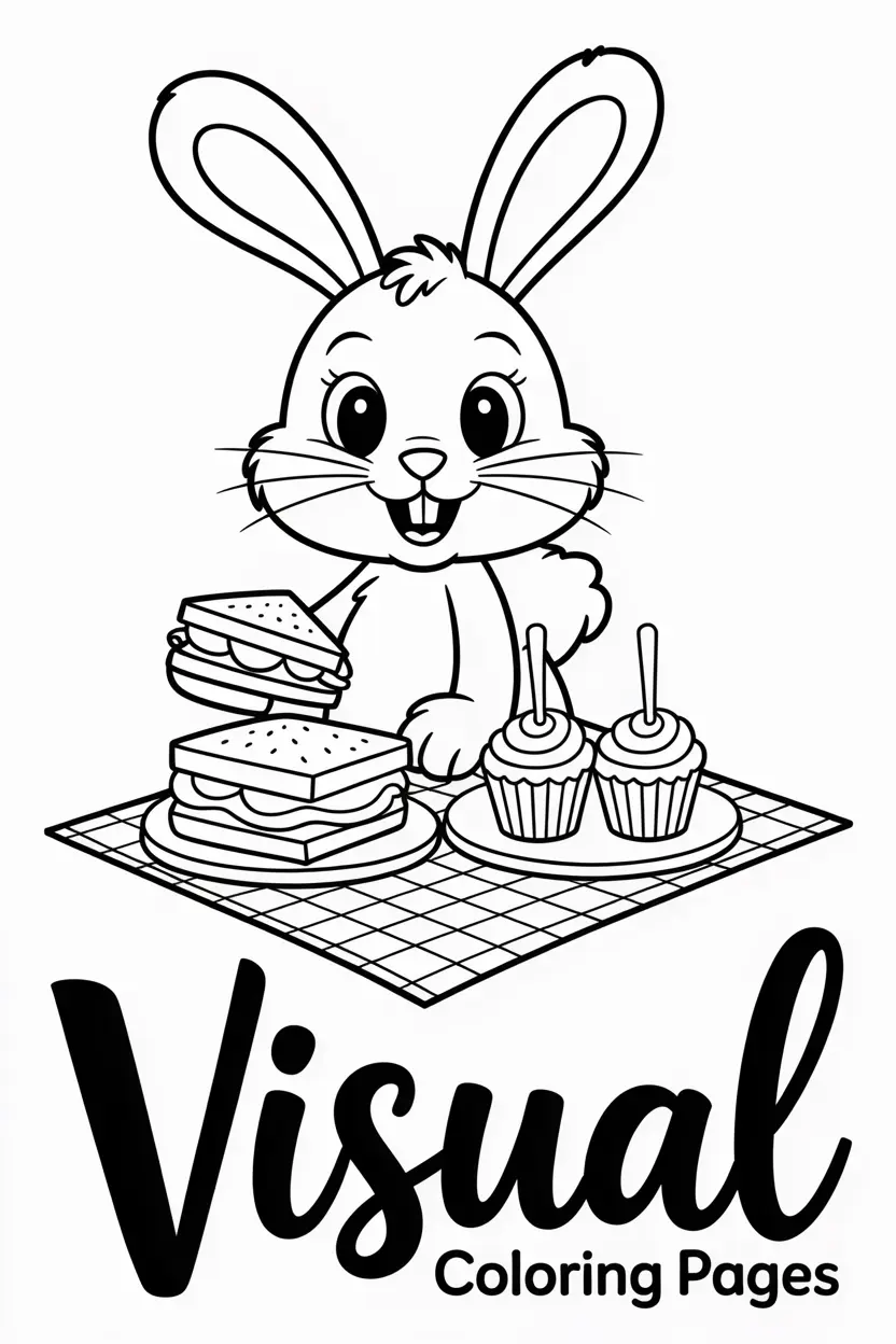 smiling bunny having a picnic with sandwiches and cupcakes on a gingham blanket