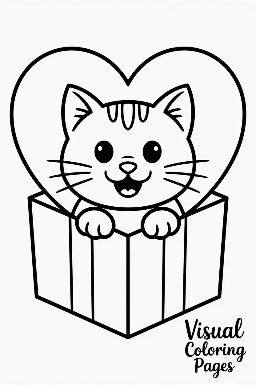 smiling cat inside a heart shaped gift box
