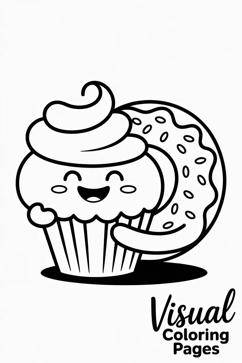 smiling cupcake and donut hugging each other