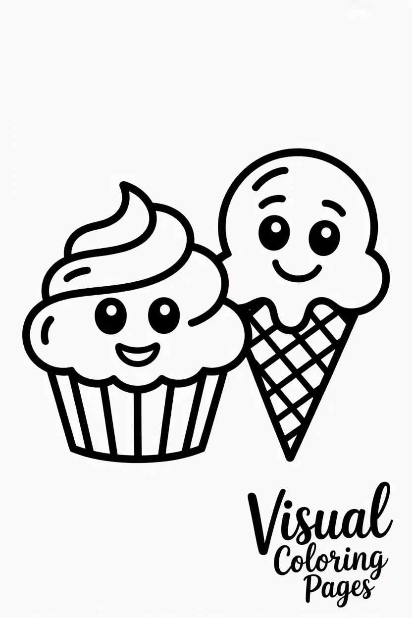 smiling cupcake and ice cream cone standing side by side like friends