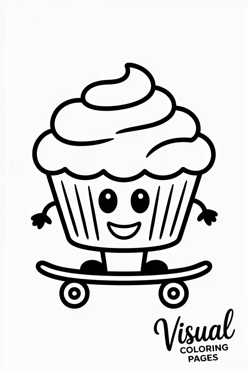 smiling cupcake riding a skateboard