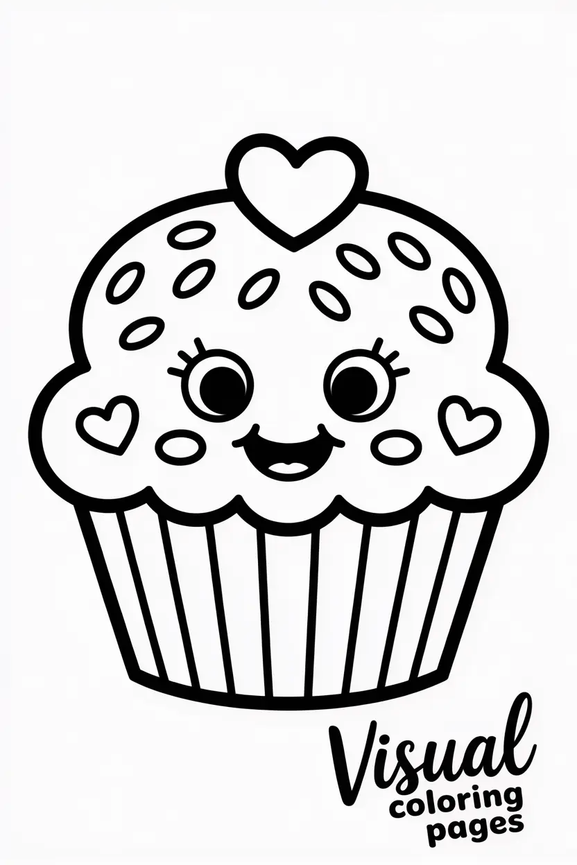 smiling cupcake with sprinkles and heart decorations