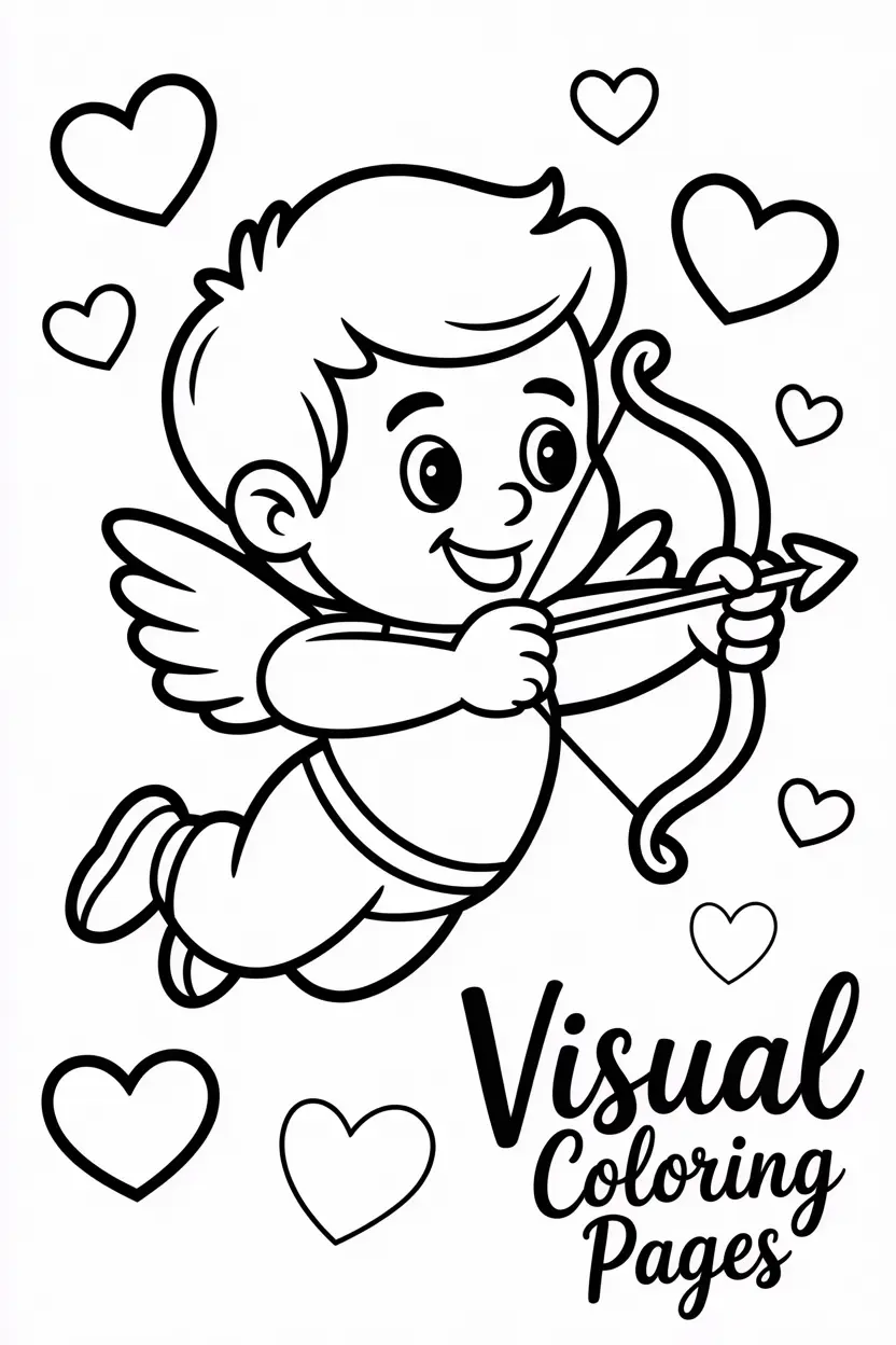 smiling cupid flying with a bow and arrow surrounded by hearts