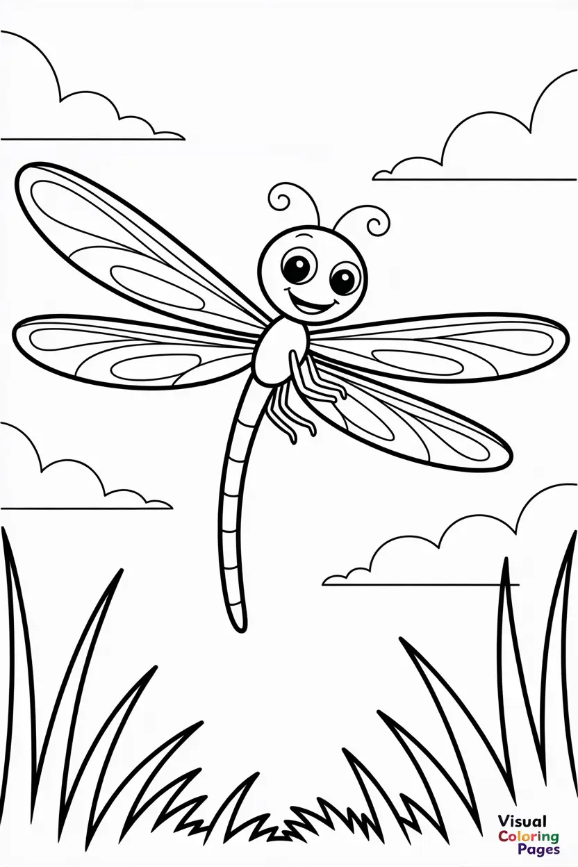 smiling dragonfly with oversized wings hovering above grass