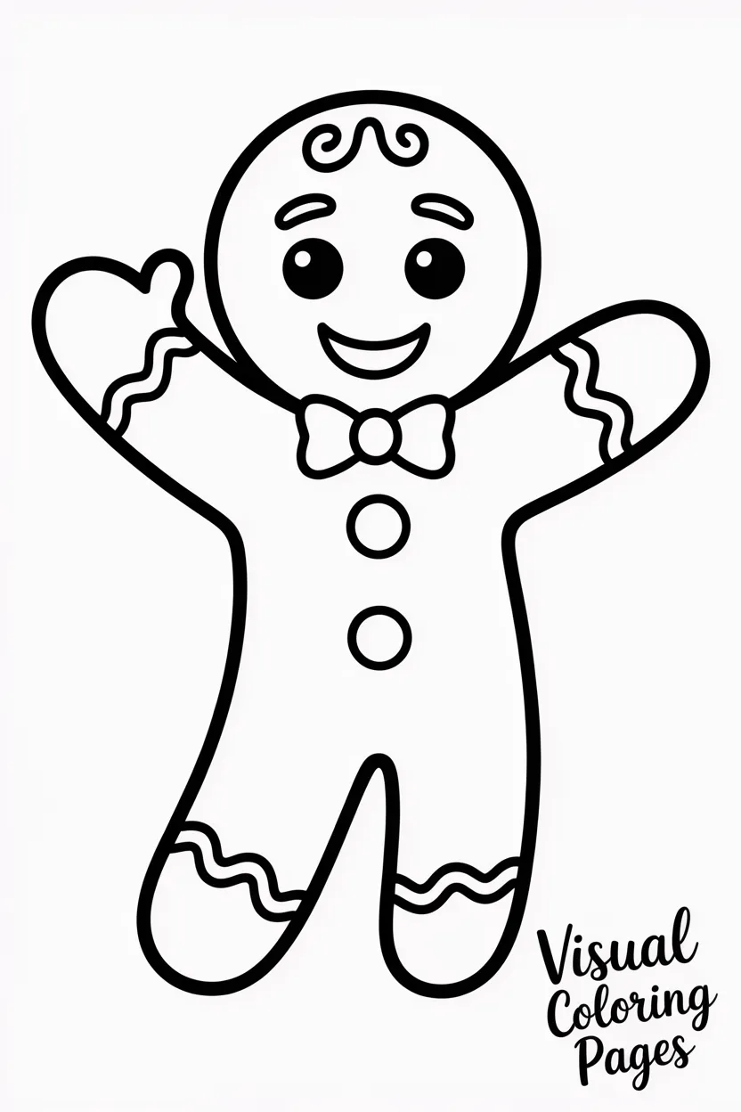 smiling gingerbread man with buttons and a bow tie waving happily
