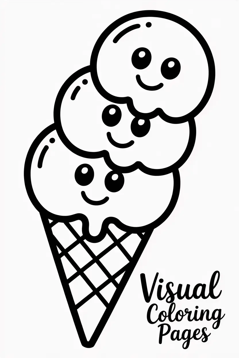 smiling ice cream cone with three scoops stacked
