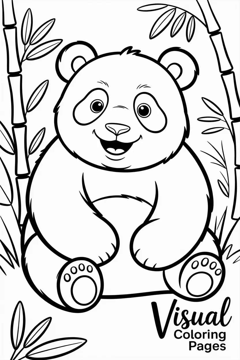 smiling panda sitting among bamboo