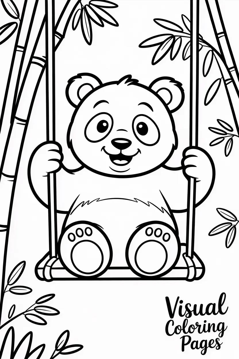 smiling panda sitting on a swing under bamboo trees coco