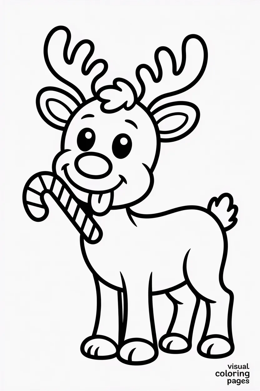 smiling reindeer licking a candy cane