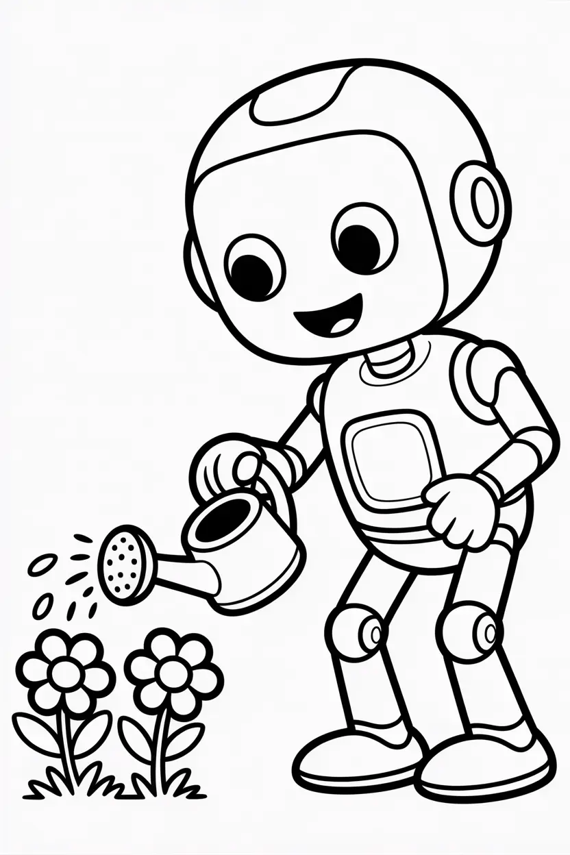 smiling robot watering flowers with a tiny watering can kids
