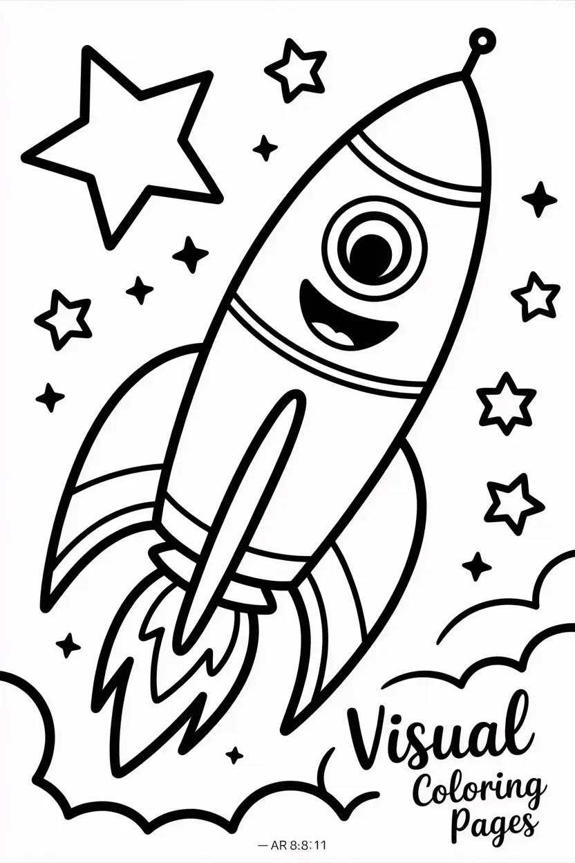 smiling rocket blasting off with stars around it