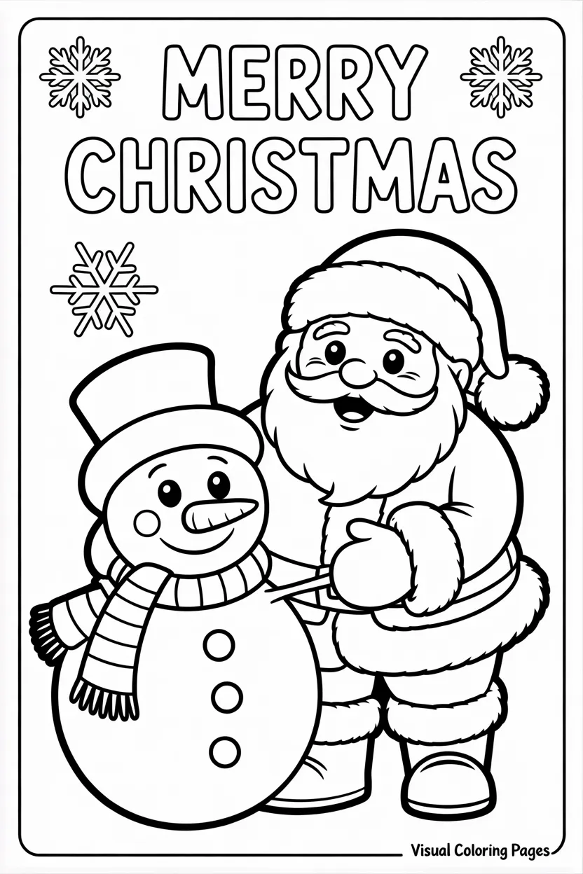 smiling santa with a snowman under christmas greeting coloring sheet