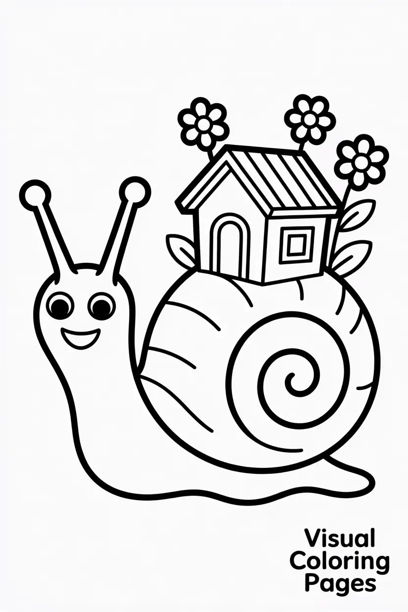 smiling snail carrying a tiny house on its shell with flowers around kids