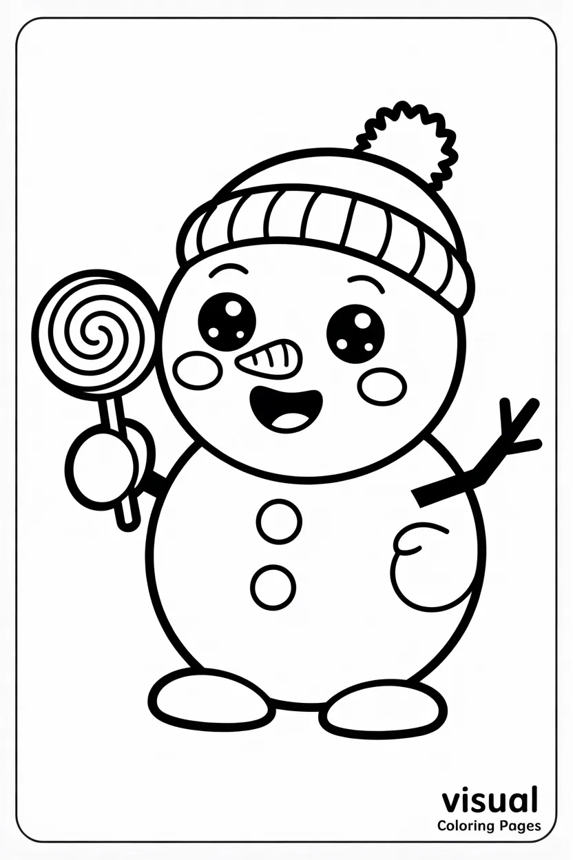 smiling snowman holding a lollipop and wearing a winter hat coloring sheet for preschoolers