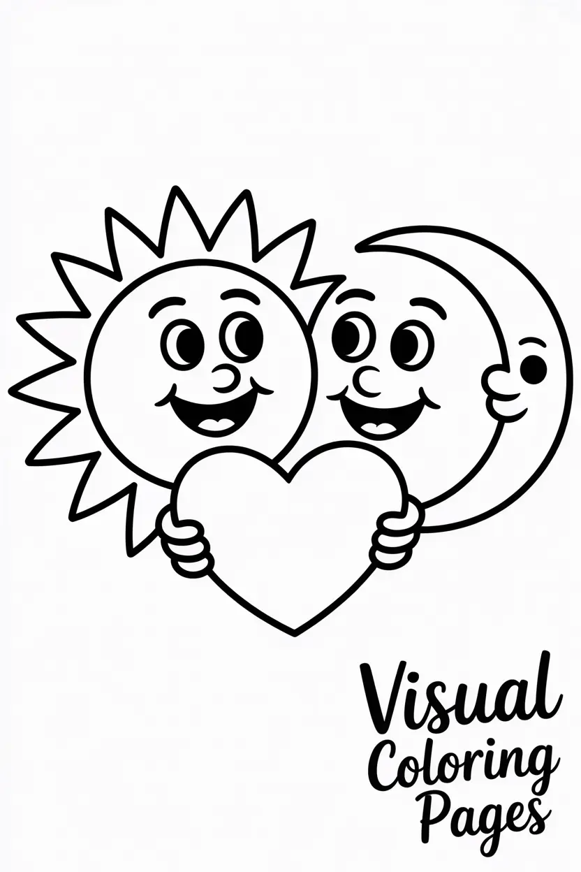 smiling sun and moon holding a heart together