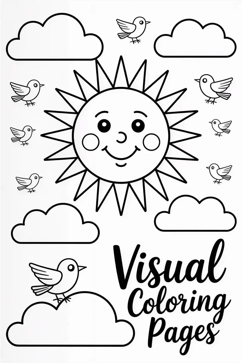 smiling sun surrounded by fluffy clouds and little birds
