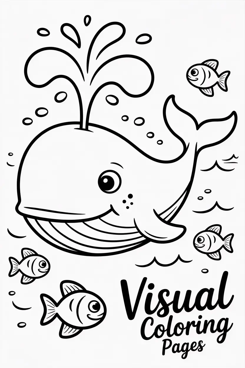 smiling whale spraying water with little fish around coco