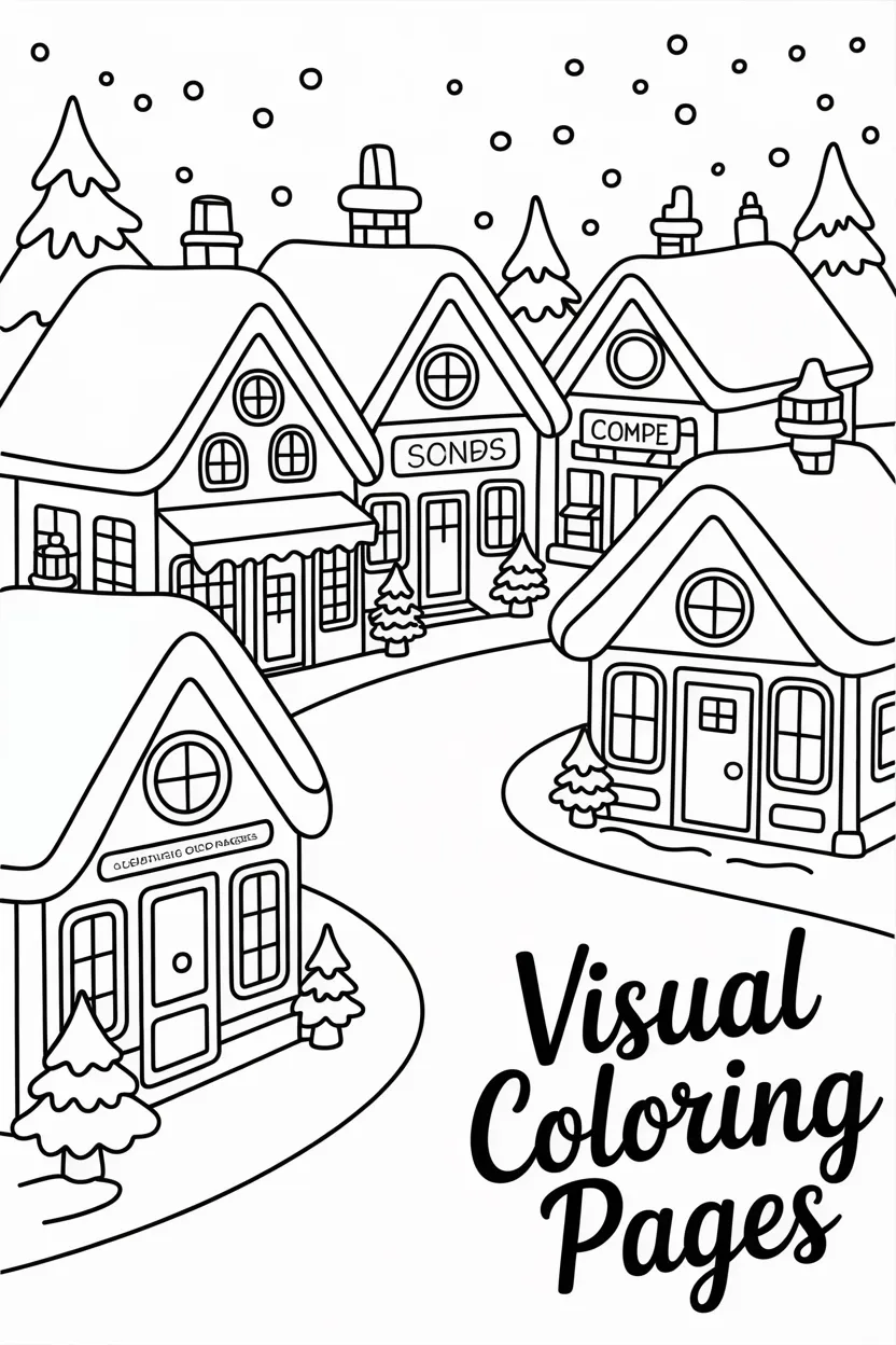 snow covered christmas village with little shops