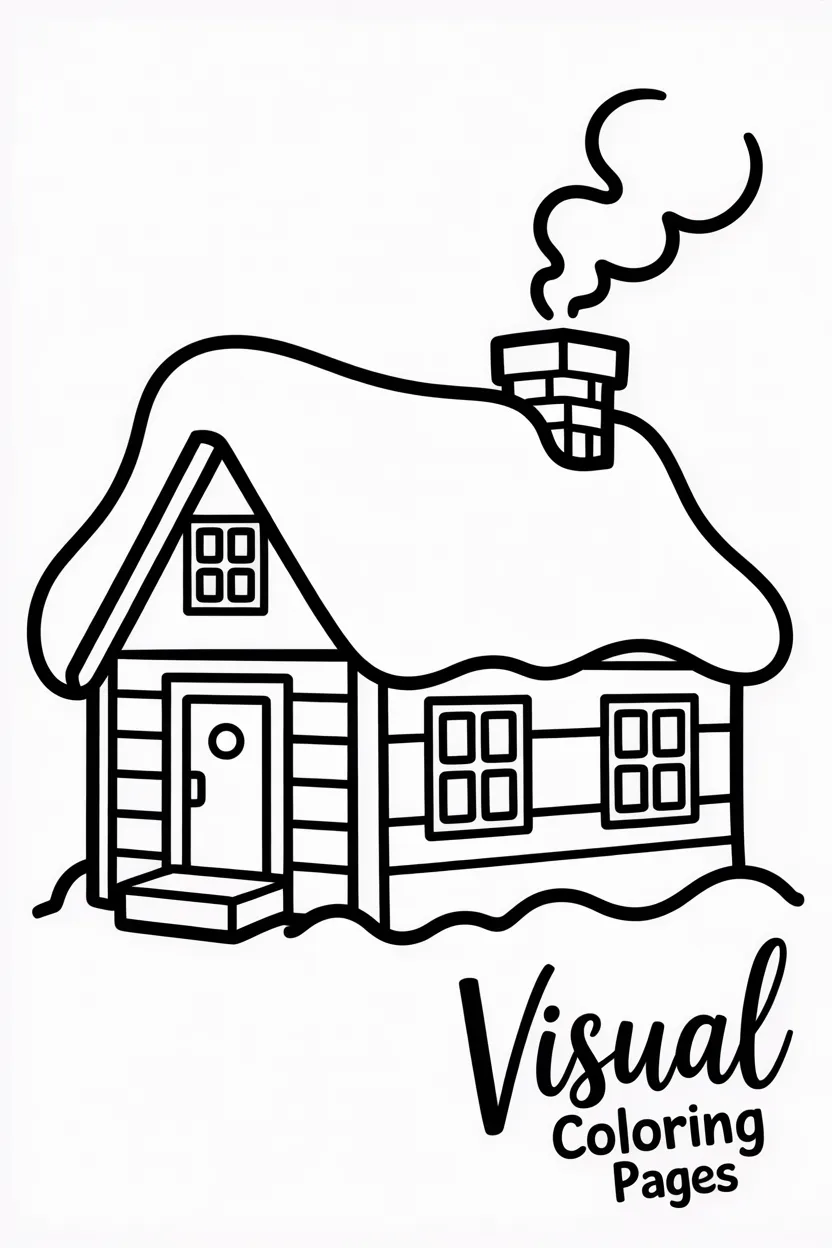 snow covered cottage with smoke coming from the chimney