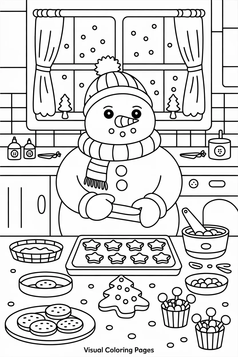 snowman baking star cookies in a cozy kitchen